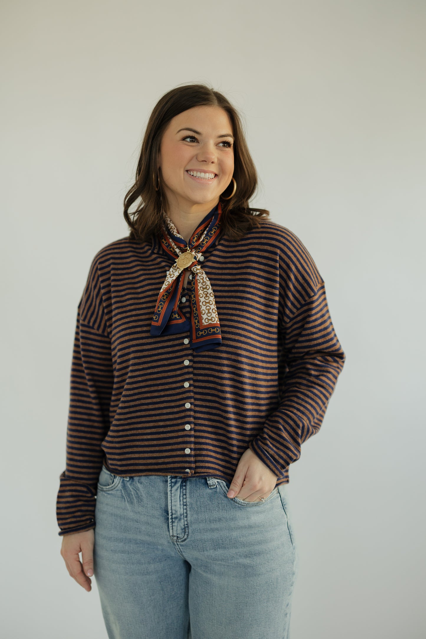 Brown & Navy Striped Mock Neck Sweater