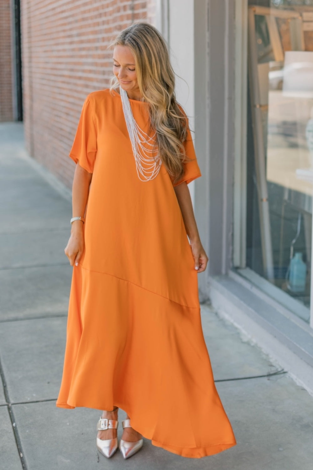 Orange Asymmetric Satin Midi Dress