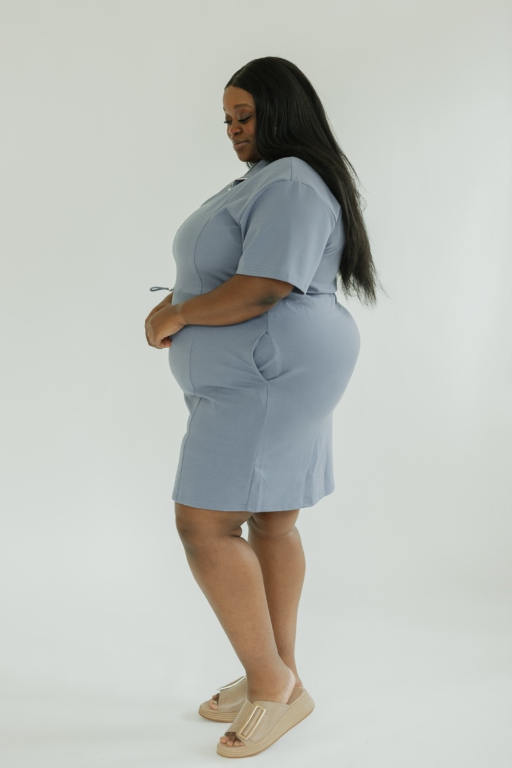 Shannon Steel Blue Elastic Waist Casual Dress (S-2XL)