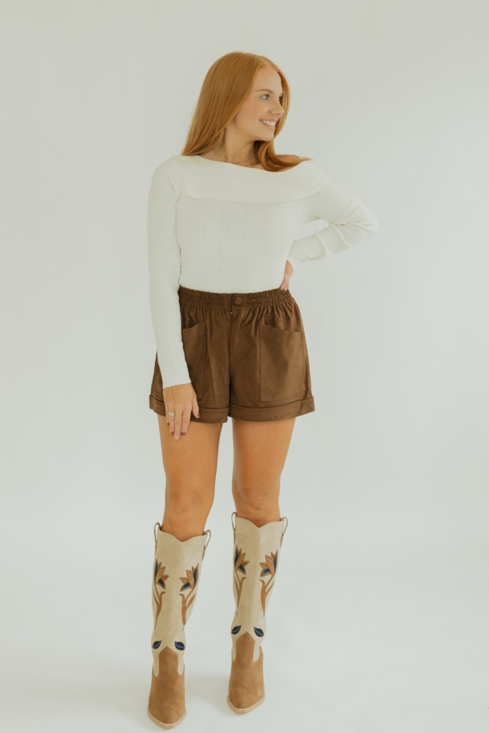 Cream Ribbed Asymmetric Off The Shoulder Long Sleeve Top