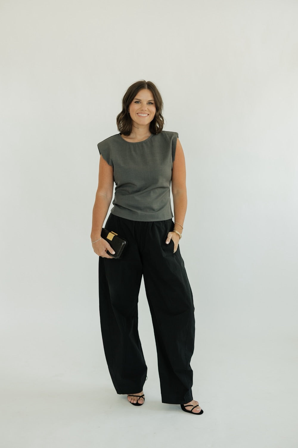 Slate Shoulder Pad Waist Shirring Top