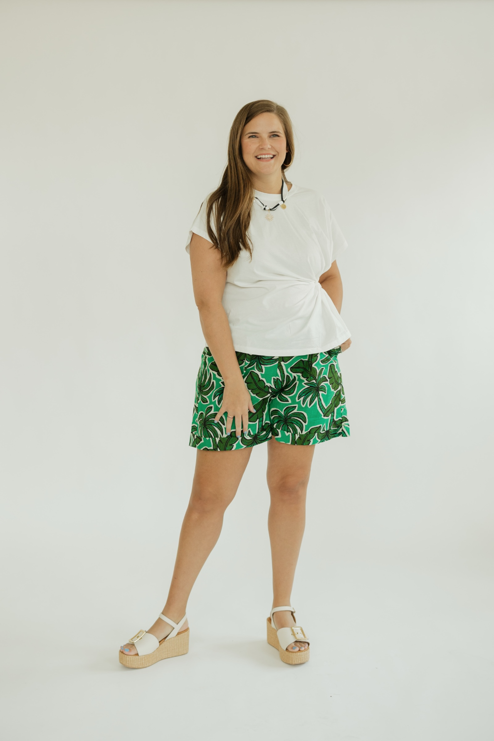 Palm Print Rolled Cuff Linen Short (XS-XL)