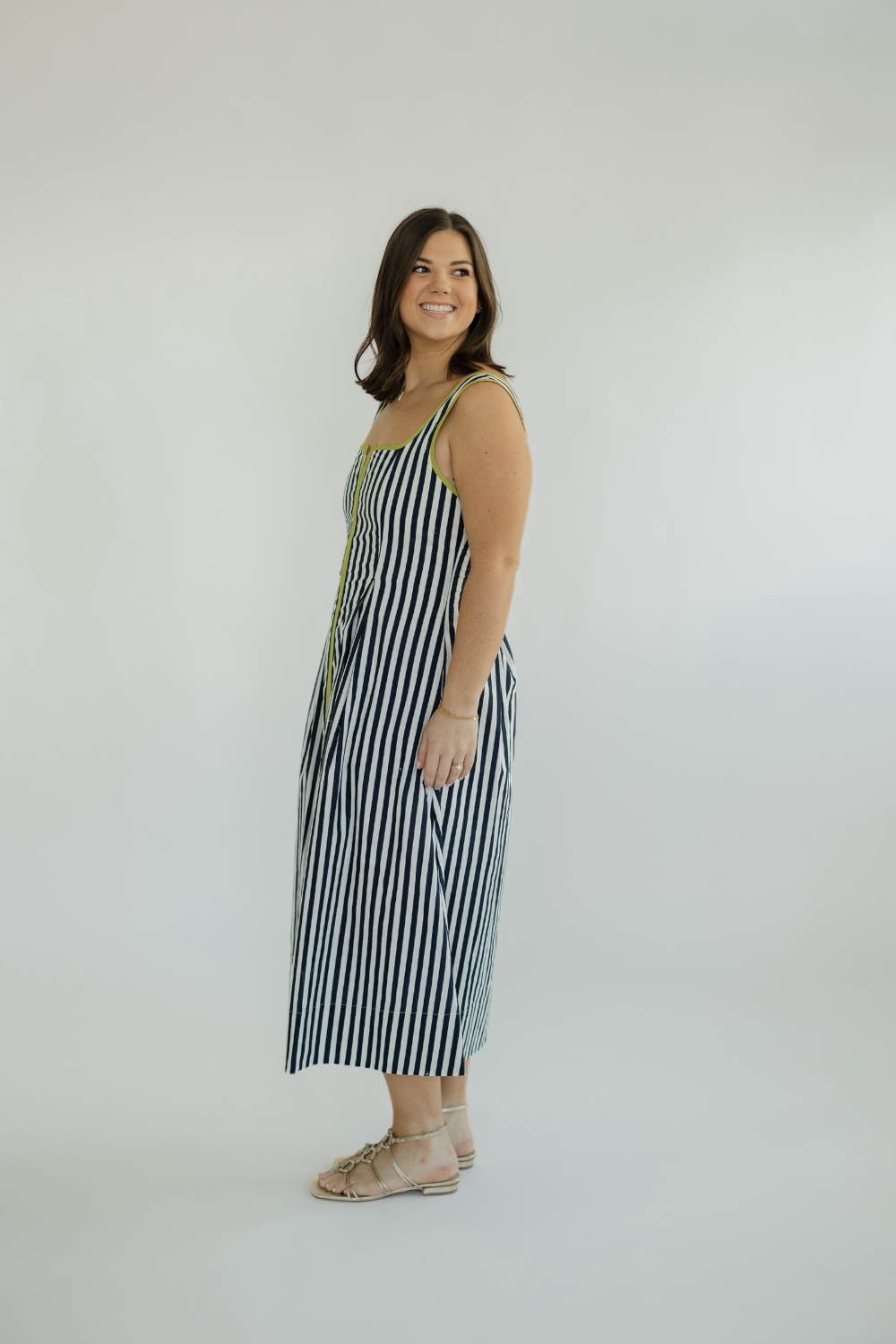 Chandler Navy Striped Square Neck Midi Dress