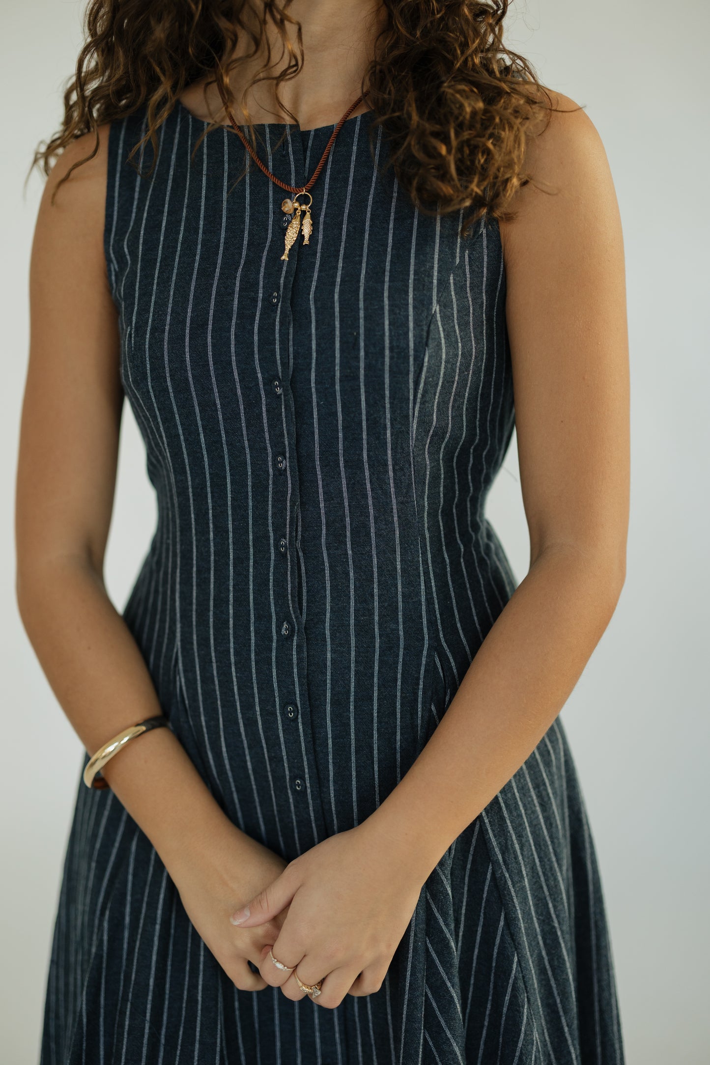 Navy Linen Striped Midi Dress