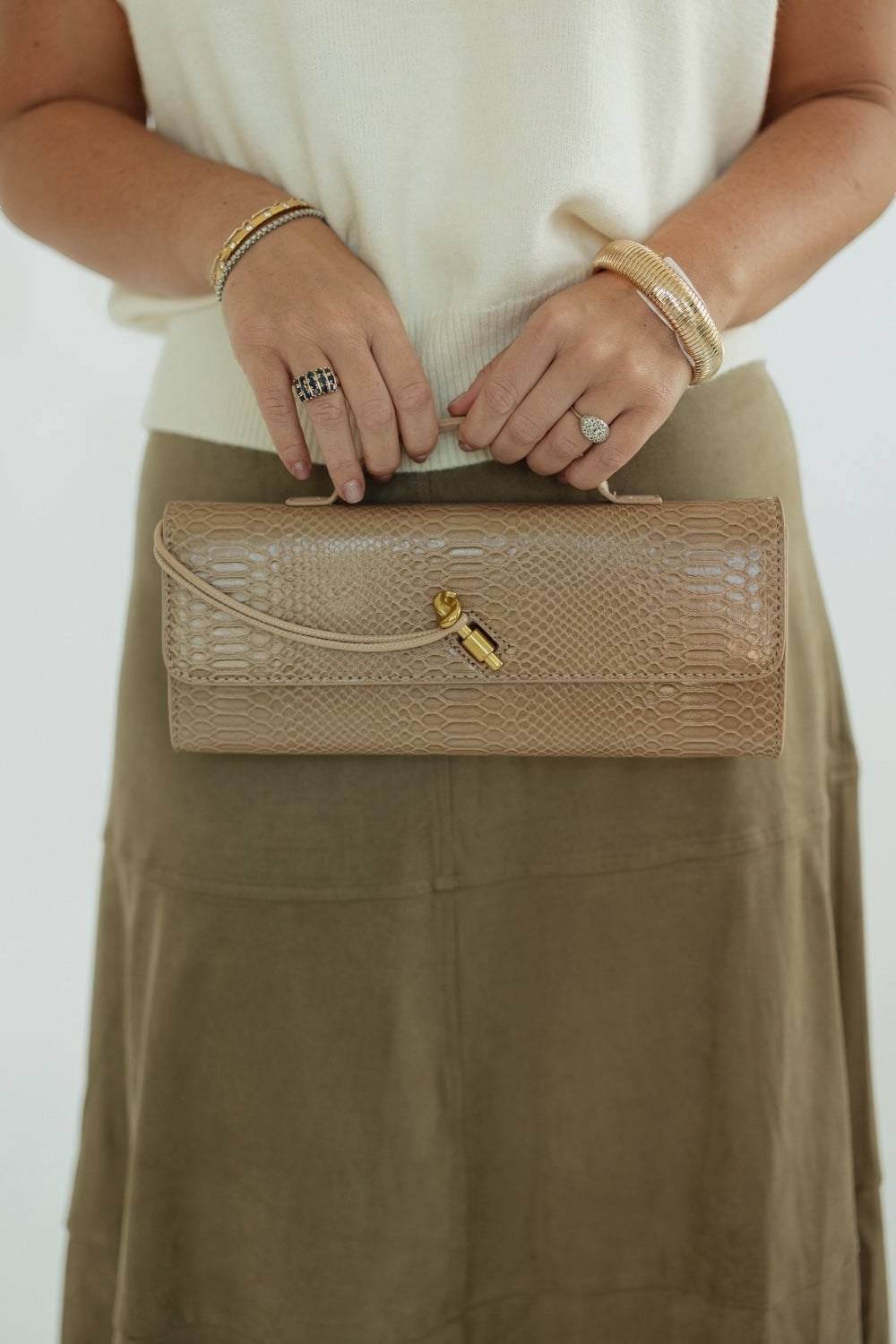 Beige Snake Embossed Leather Clutch