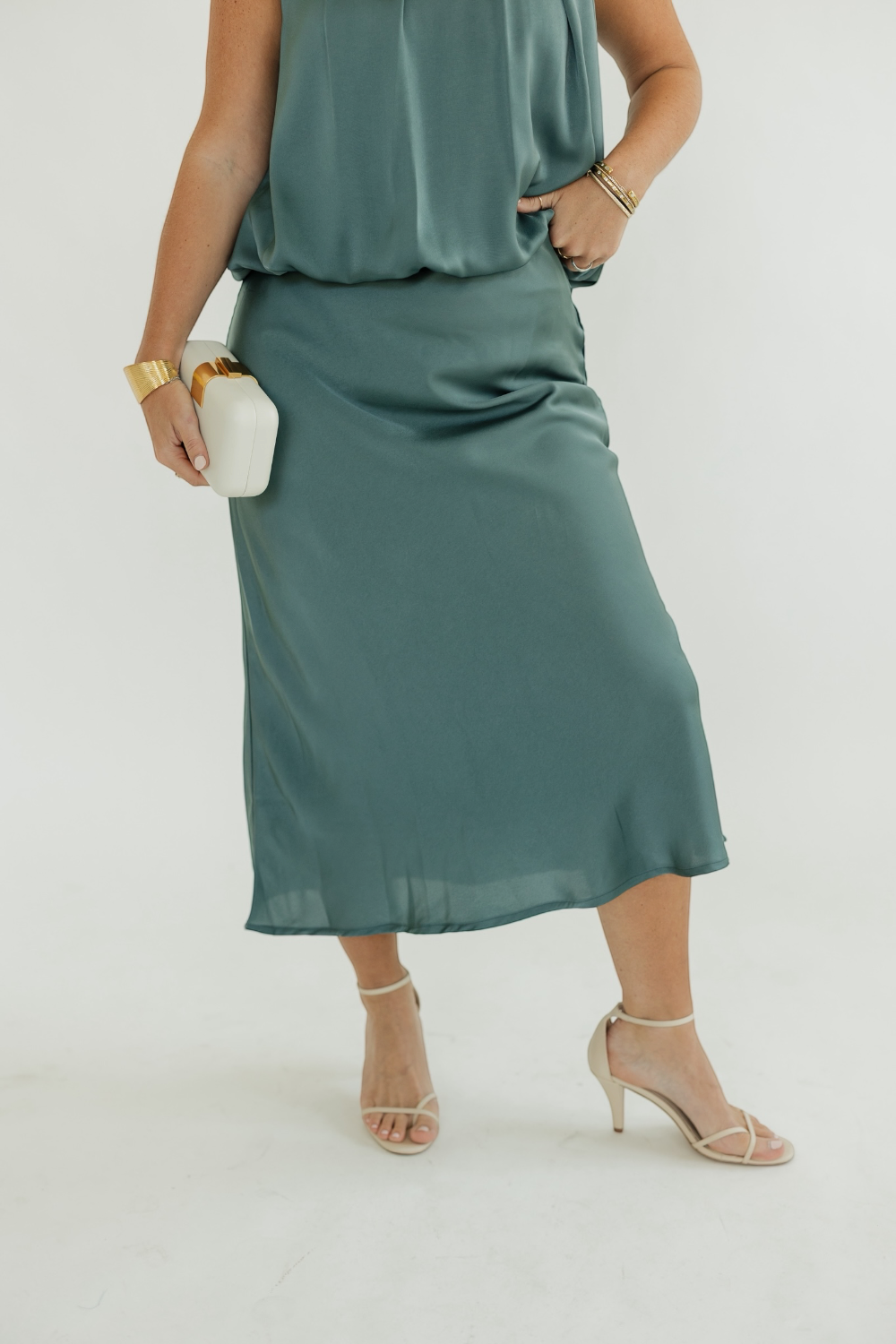Sidney Teal Satin Midi Skirt