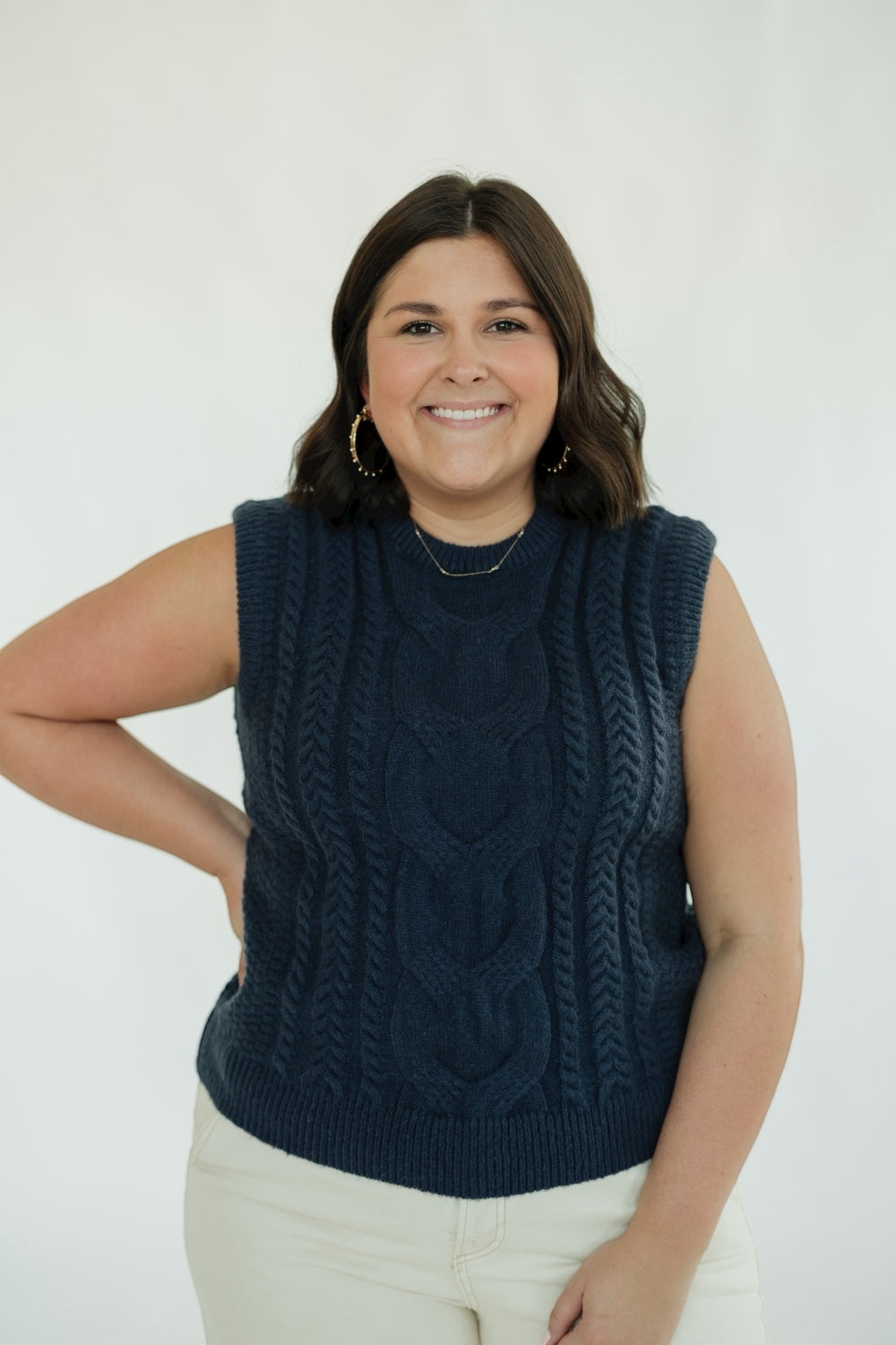 Navy Sleeveless Cable Knit Sweater