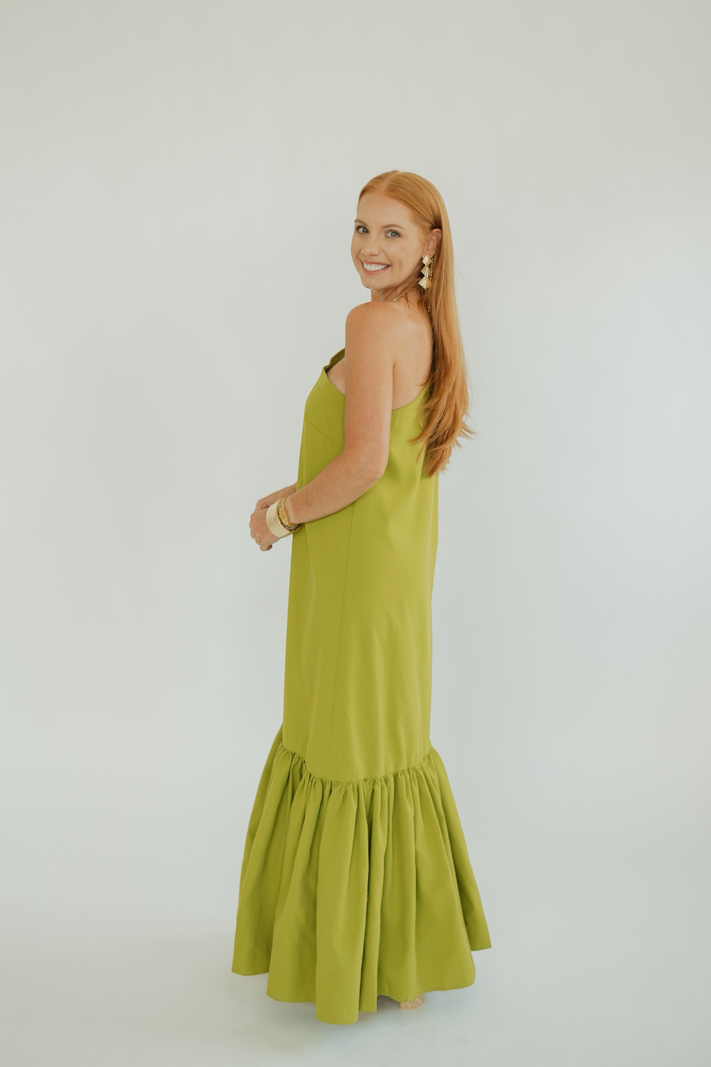 Crosby Lime Asymmetrical One Shoulder Ruffled Maxi Dress