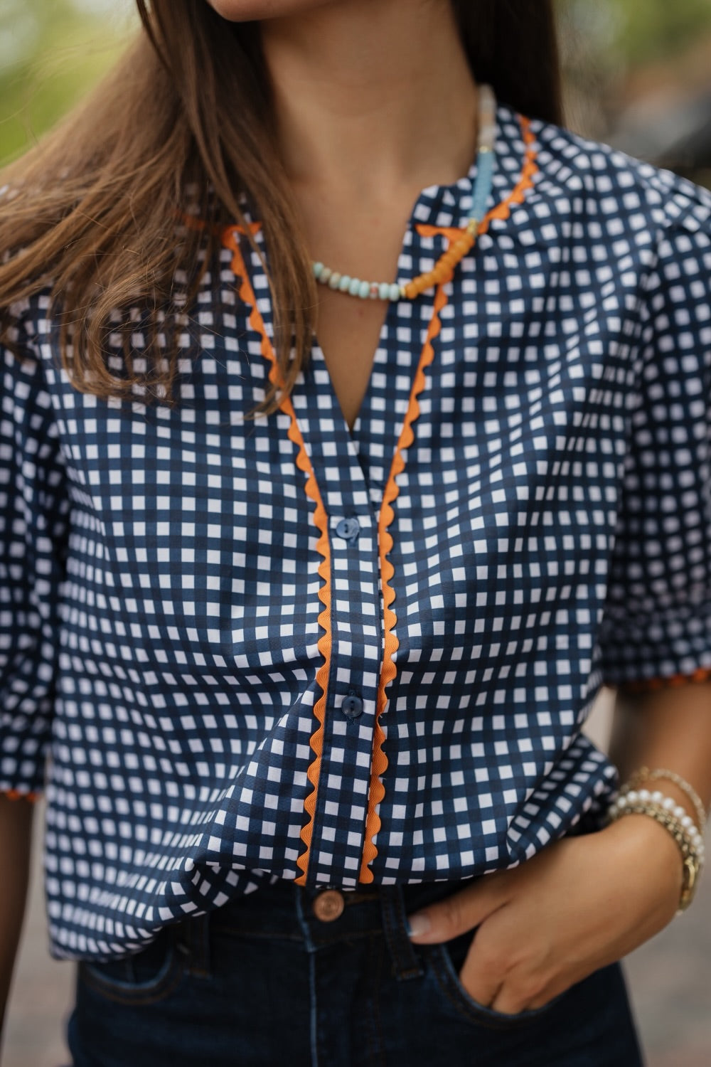Elaine Navy Gingham Top (XS-XL)