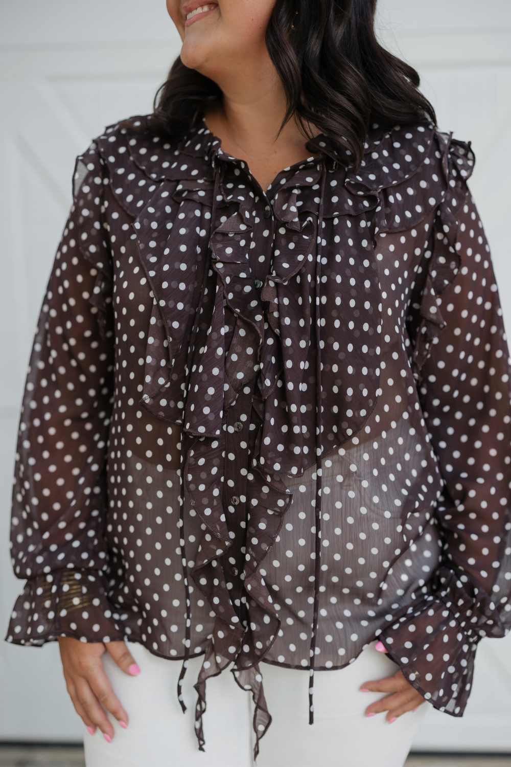 Brown Polka Dot Ruffle Blouse (S-3XL)