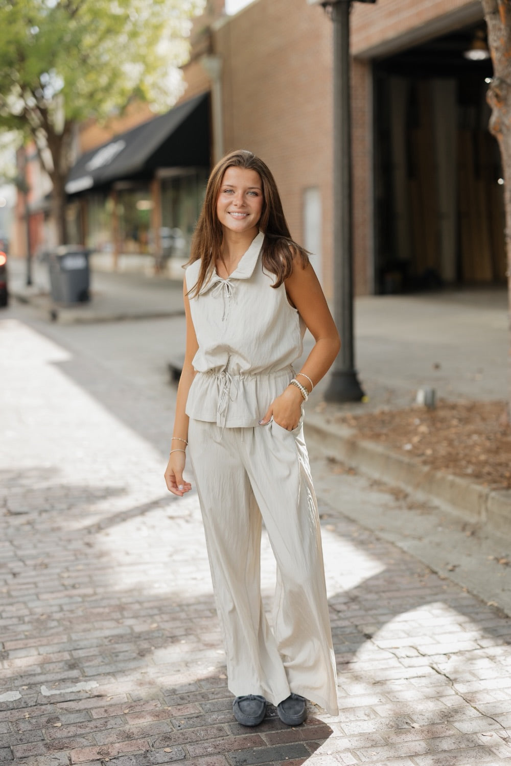 Beige Collared Zip Front Top