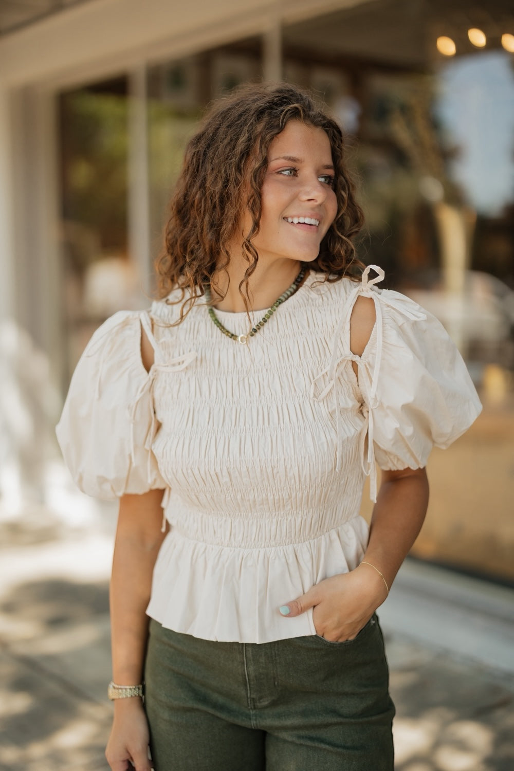 Ellie Eggshell Detachable Sleeve Peplum Top