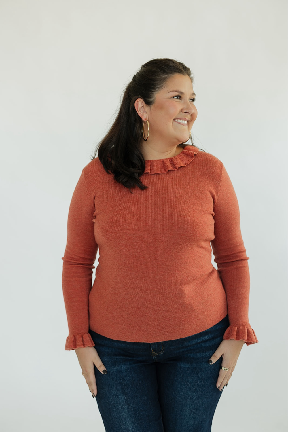 Orange Ruffle Collar & Sleeve Knit Top (S-XL)