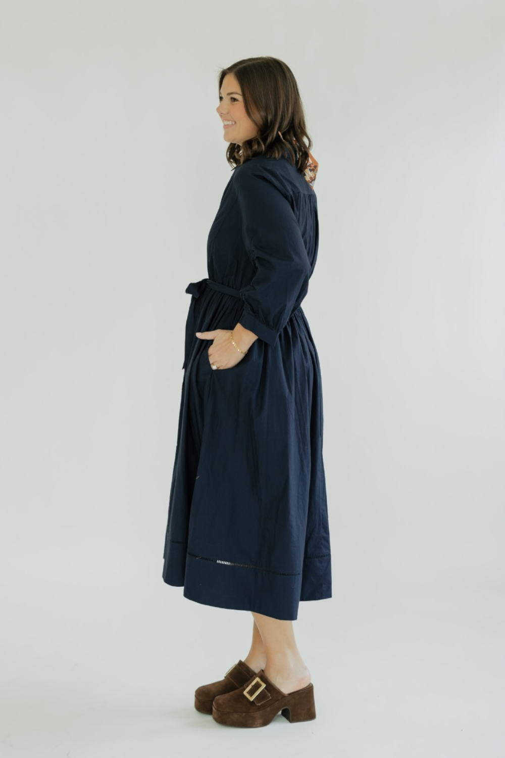 Alix Navy Detailed Button Down Midi Dress