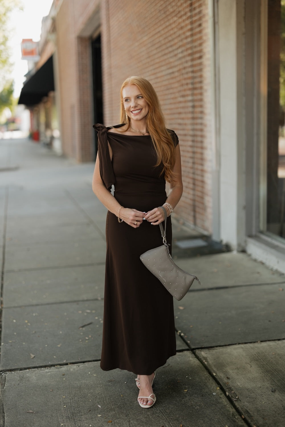 Remie Asymmetrical Brown Shoulder Tie Midi Dress