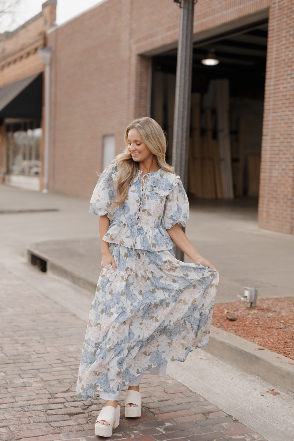 Blue Peony Floral Maxi Skirt