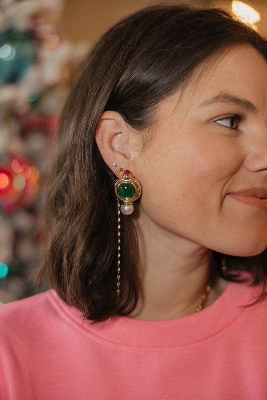 Green Dome Shape & Pearl Earring