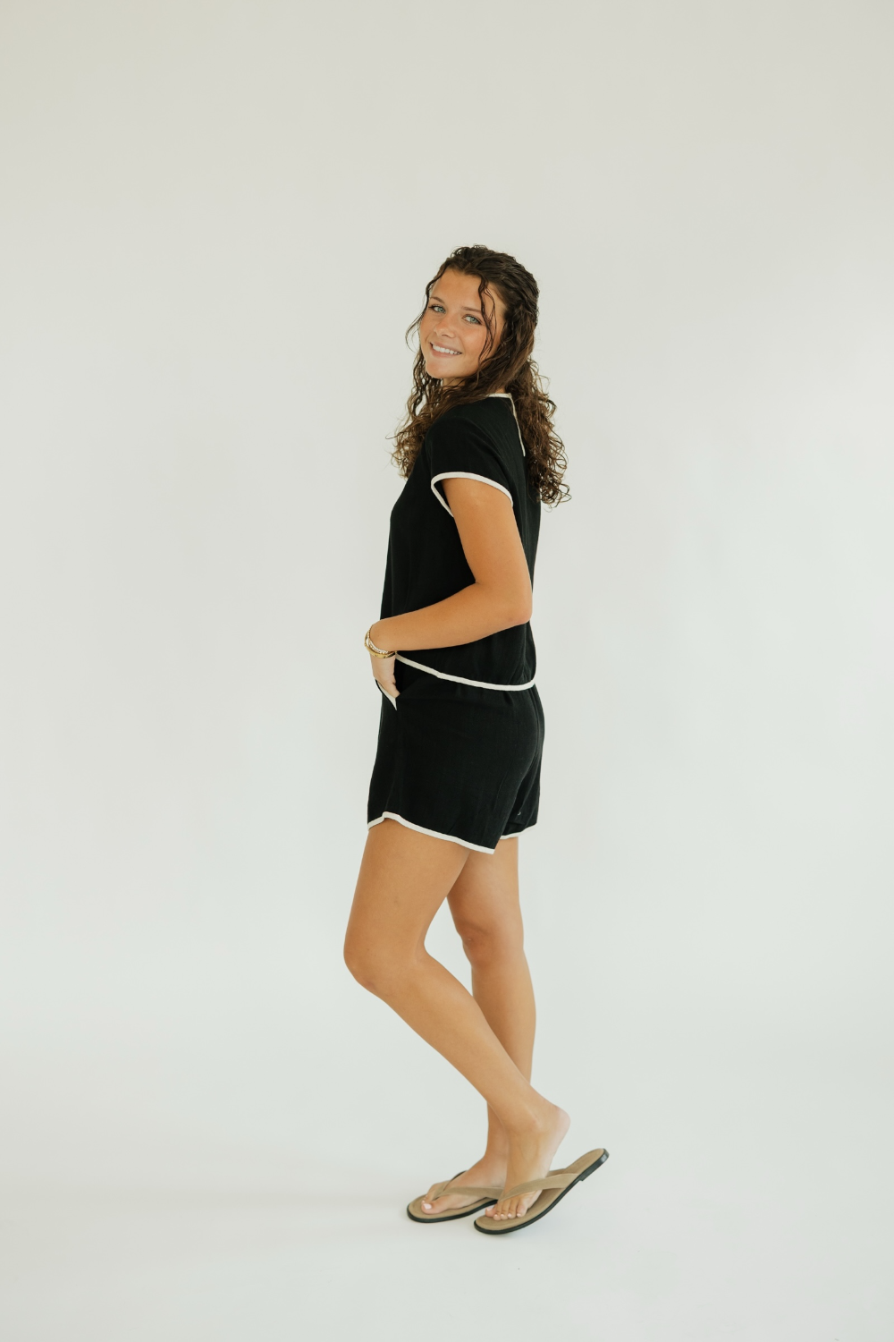 Liza Black Linen Contrast Stitch Short Set