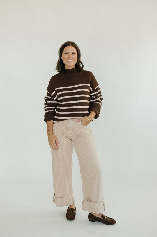 Skylar Brown Striped Mauve Mock Neck Sweater
