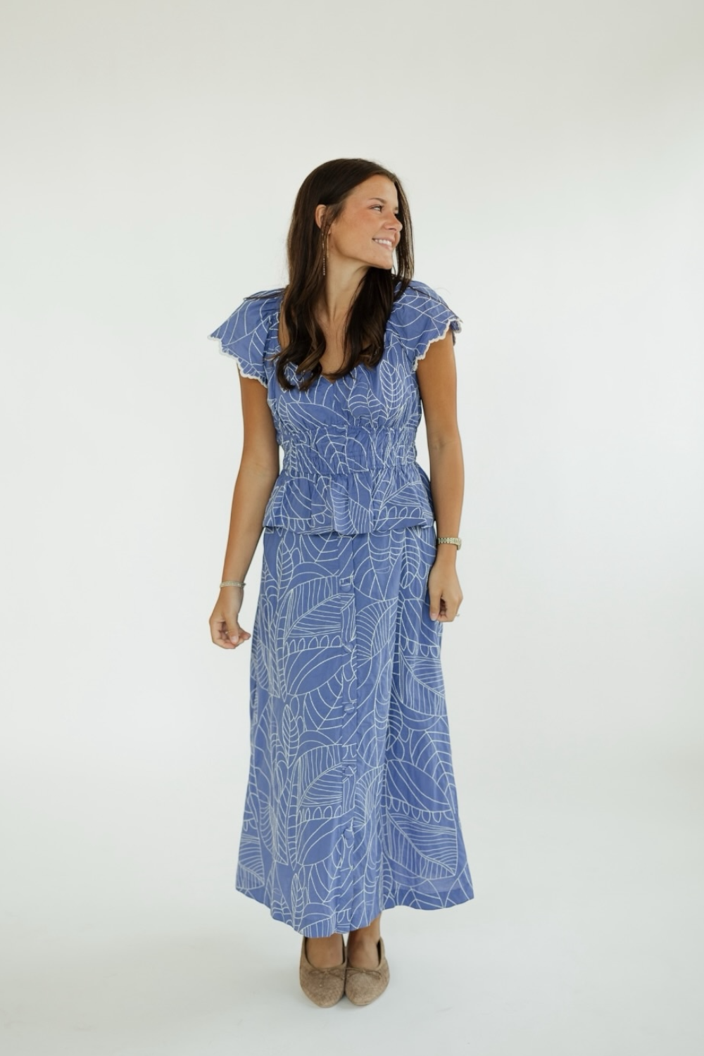 Blue Embroidered Flutter Sleeve Top