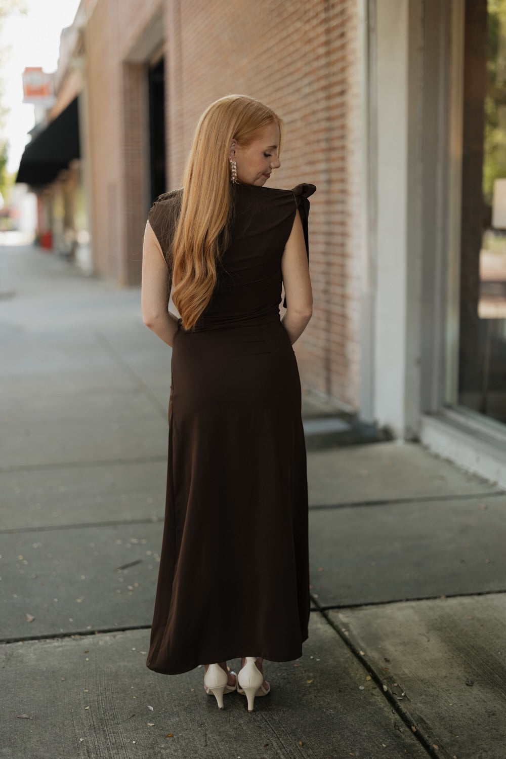 Remie Asymmetrical Brown Shoulder Tie Midi Dress