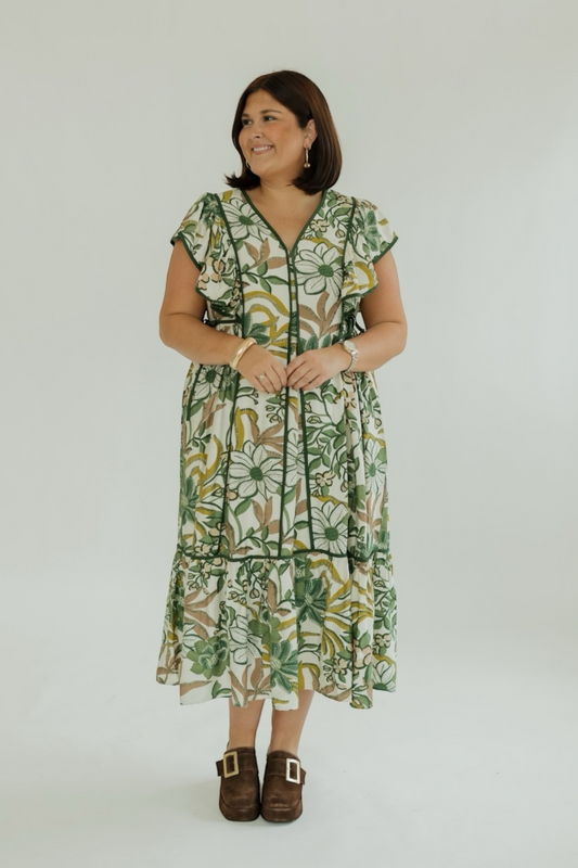 Elaine Olive Floral Flutter Sleeve Midi Dress