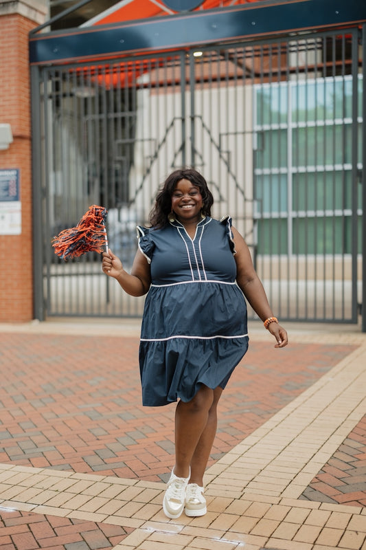 Sandy Navy Flutter Sleeve Ruffle Dress (S-2XL)