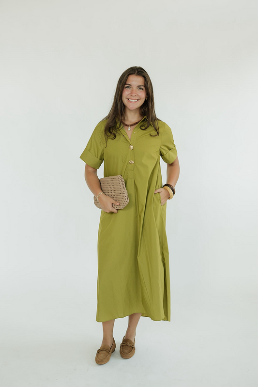 Darly Chartreuse Button Front Midi Dress (S-2XL)