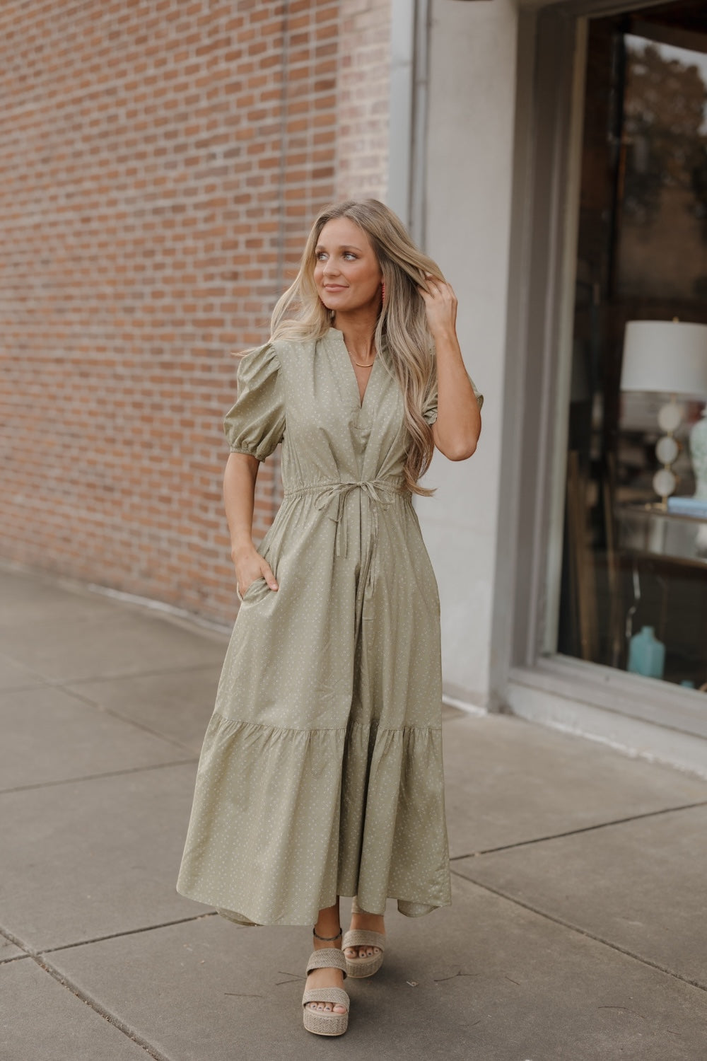 Owen Olive Midi Tie Waist Dress