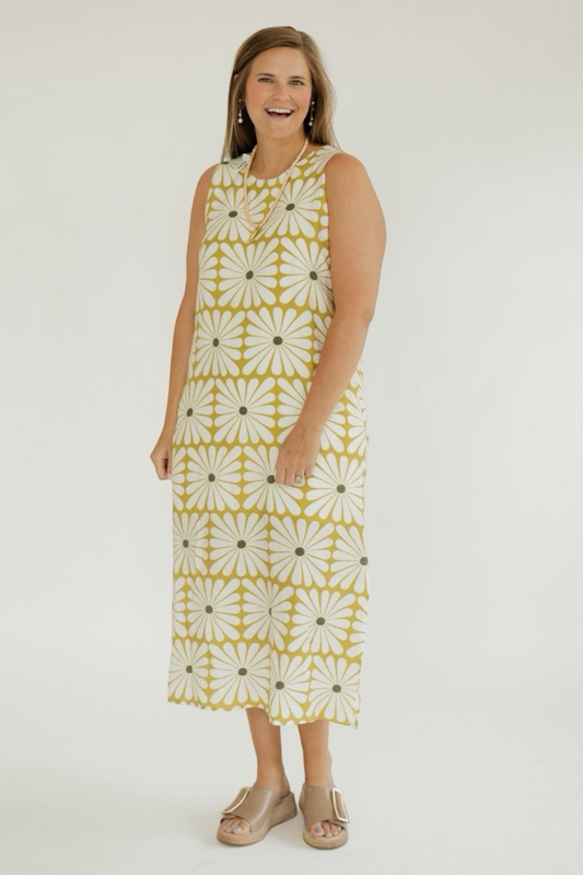 Chartreuse Flower Print Midi Dress