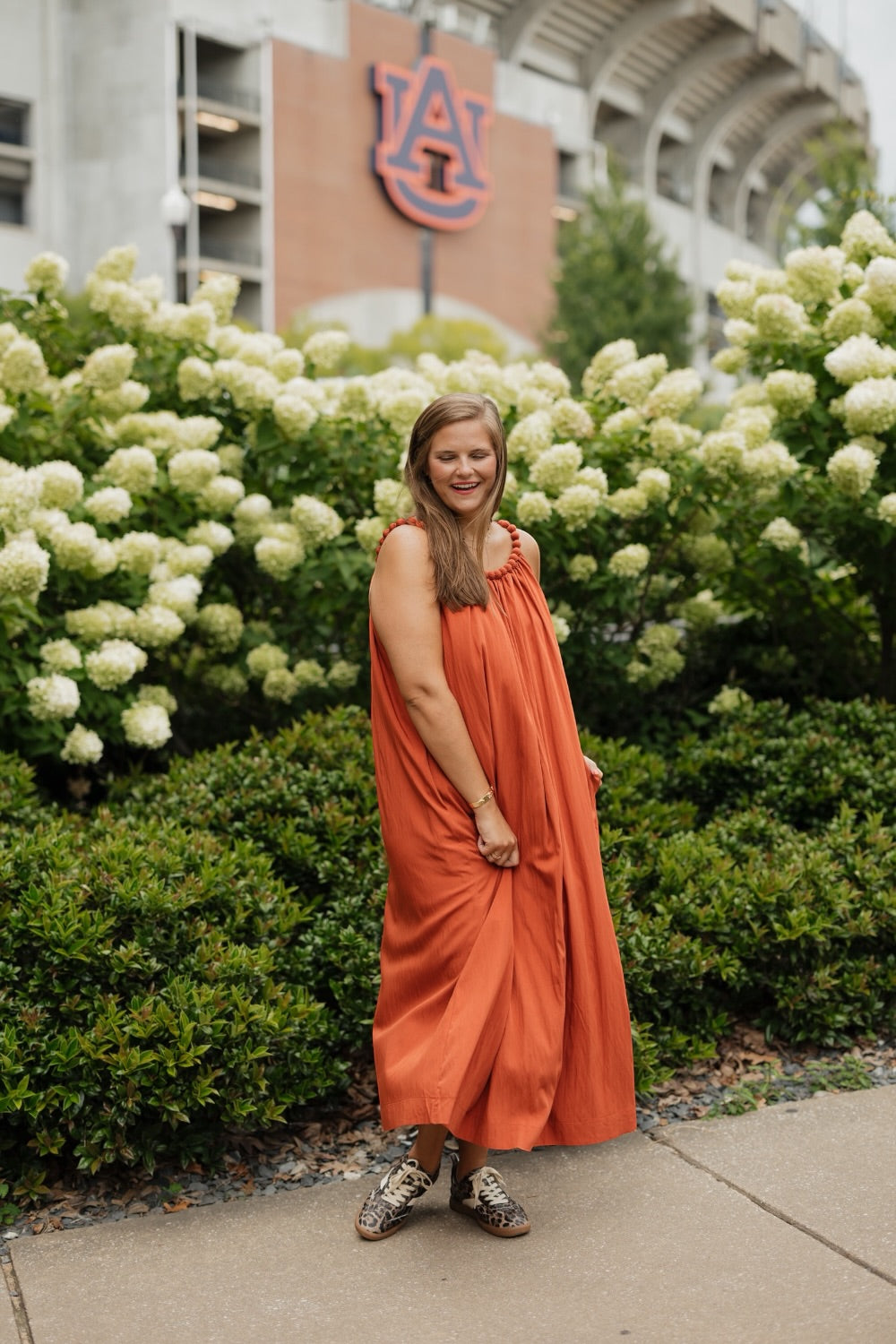 Rust Ball Trim Neckline Midi Dress