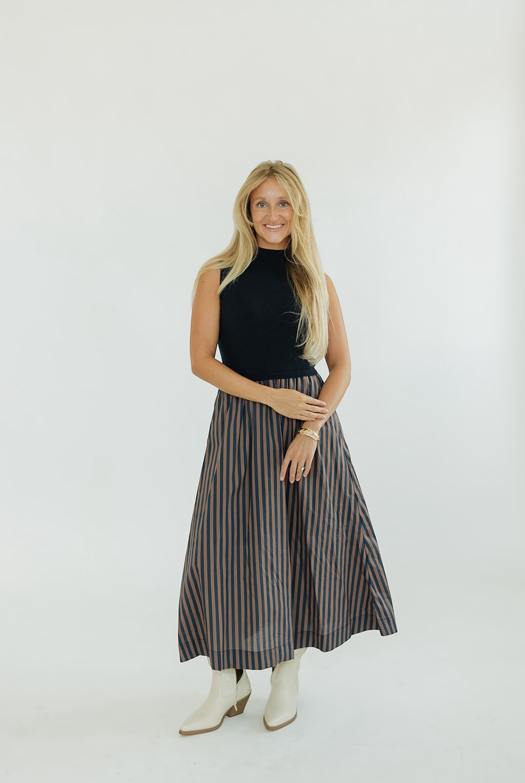 Alexandria Mixed Media Navy Striped Midi Dress