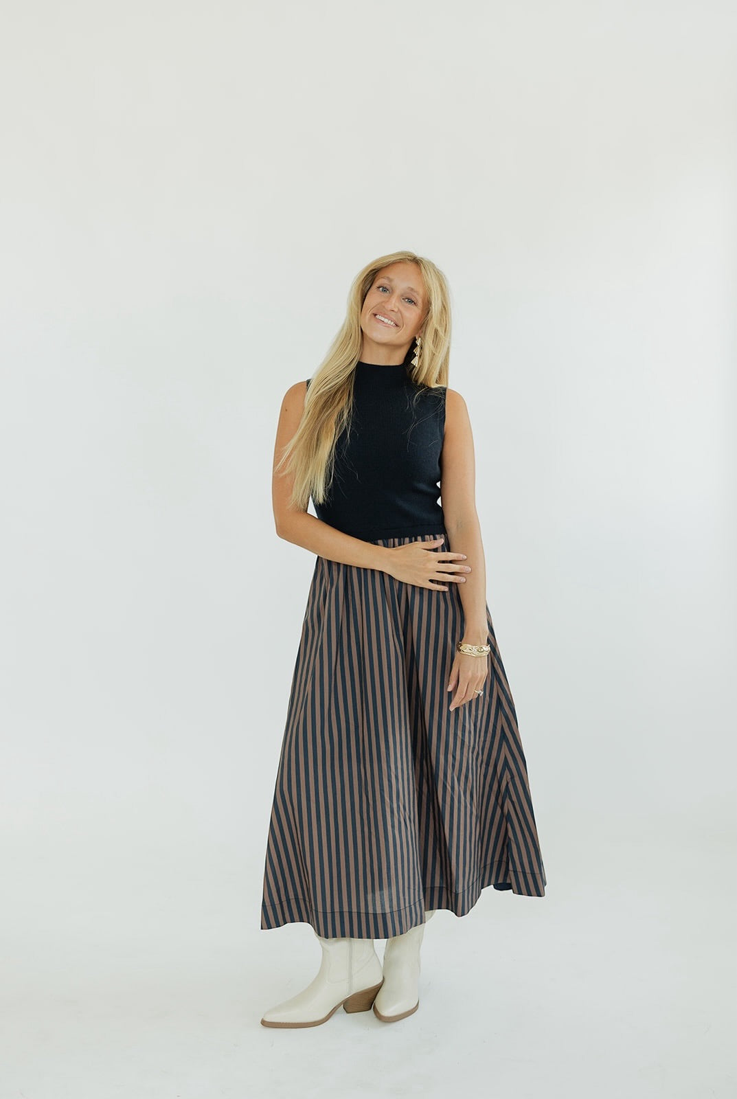 Alexandria Mixed Media Navy Striped Midi Dress