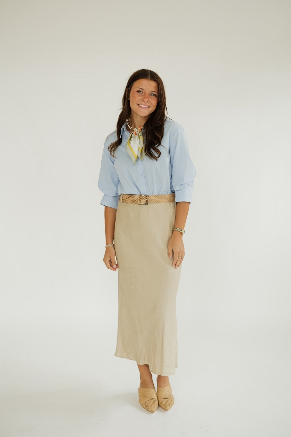Morgan Sand Linen Midi Belted Skirt