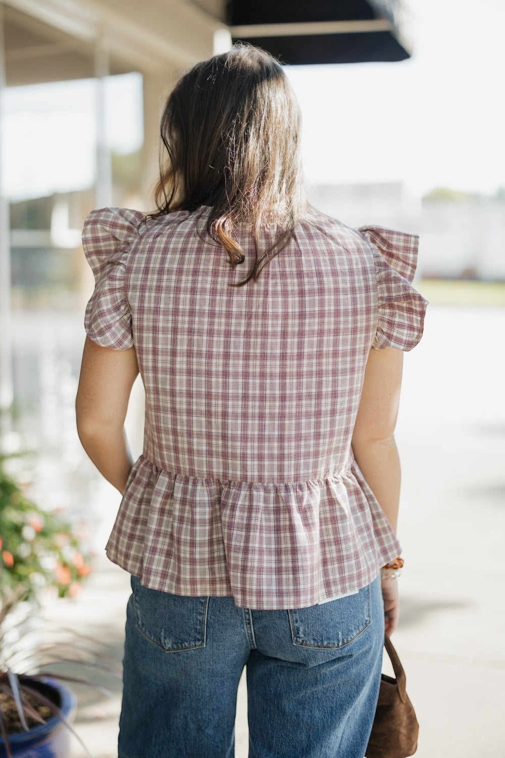 Misty Mauve Ruffle Plaid Blouse