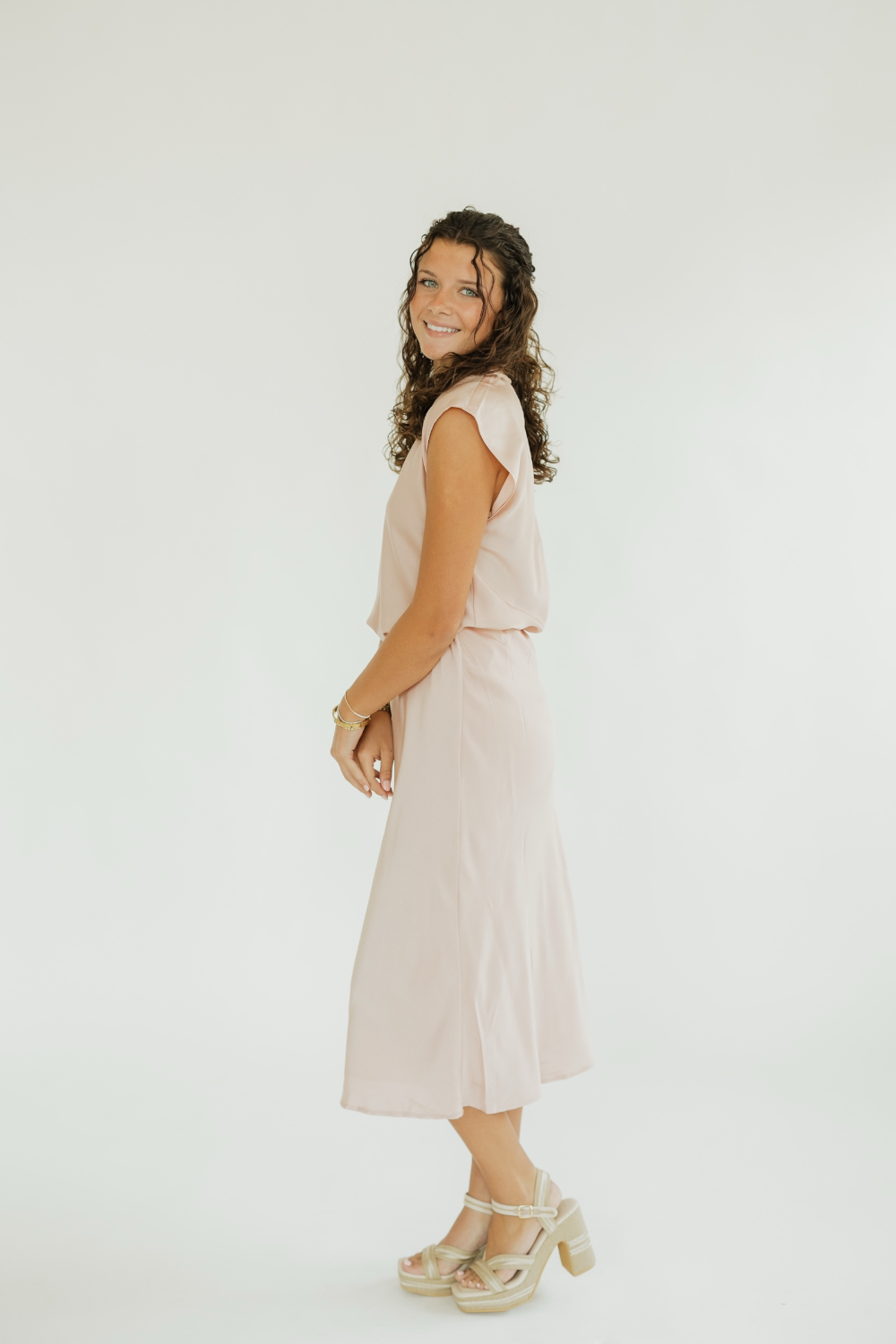 Misty Satin Blush Midi Skirt