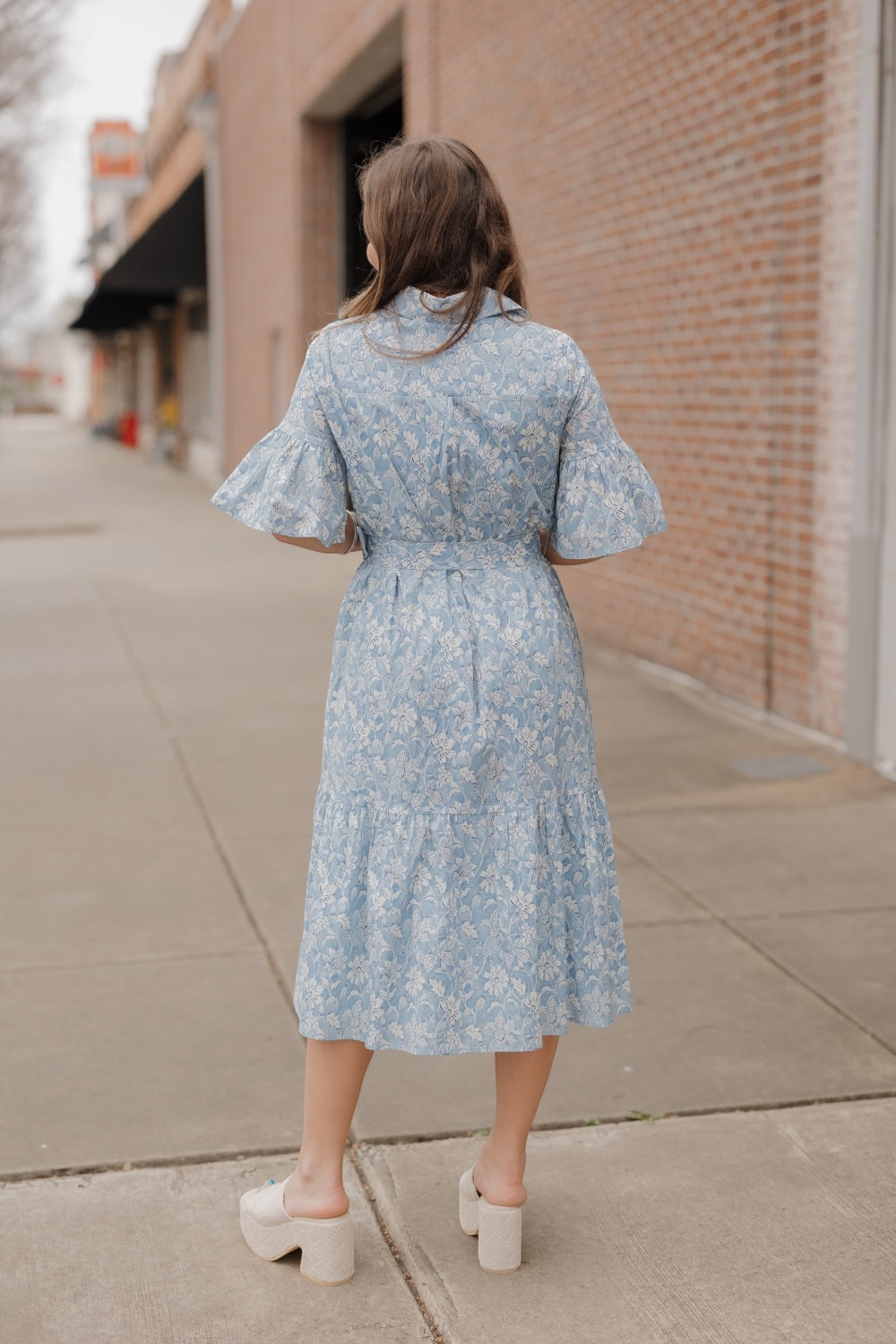 Carolina Blue Floral Belted Shirt Dress