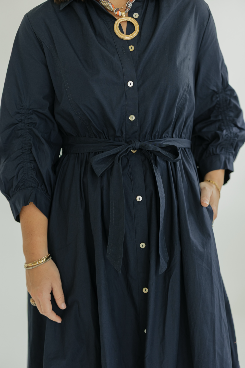 Alix Navy Detailed Button Down Midi Dress
