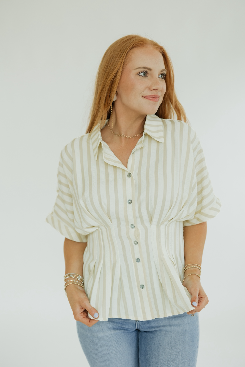 Cream Striped Pleated Waist Top (S-2XL)