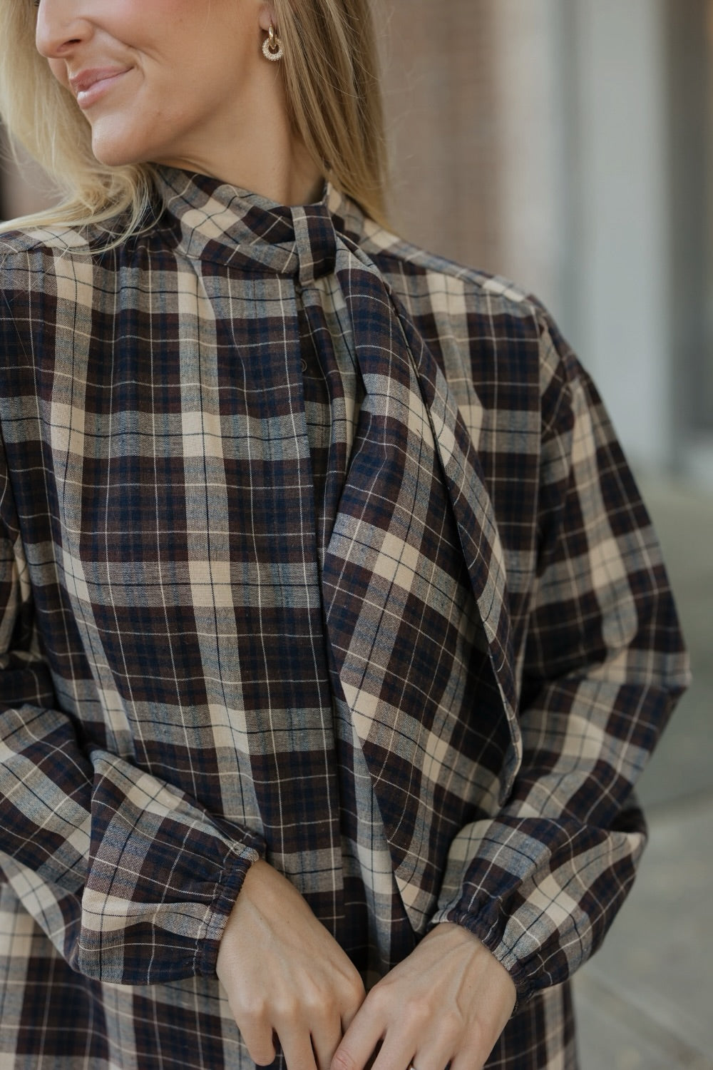 Brown Plaid Button Down Dress