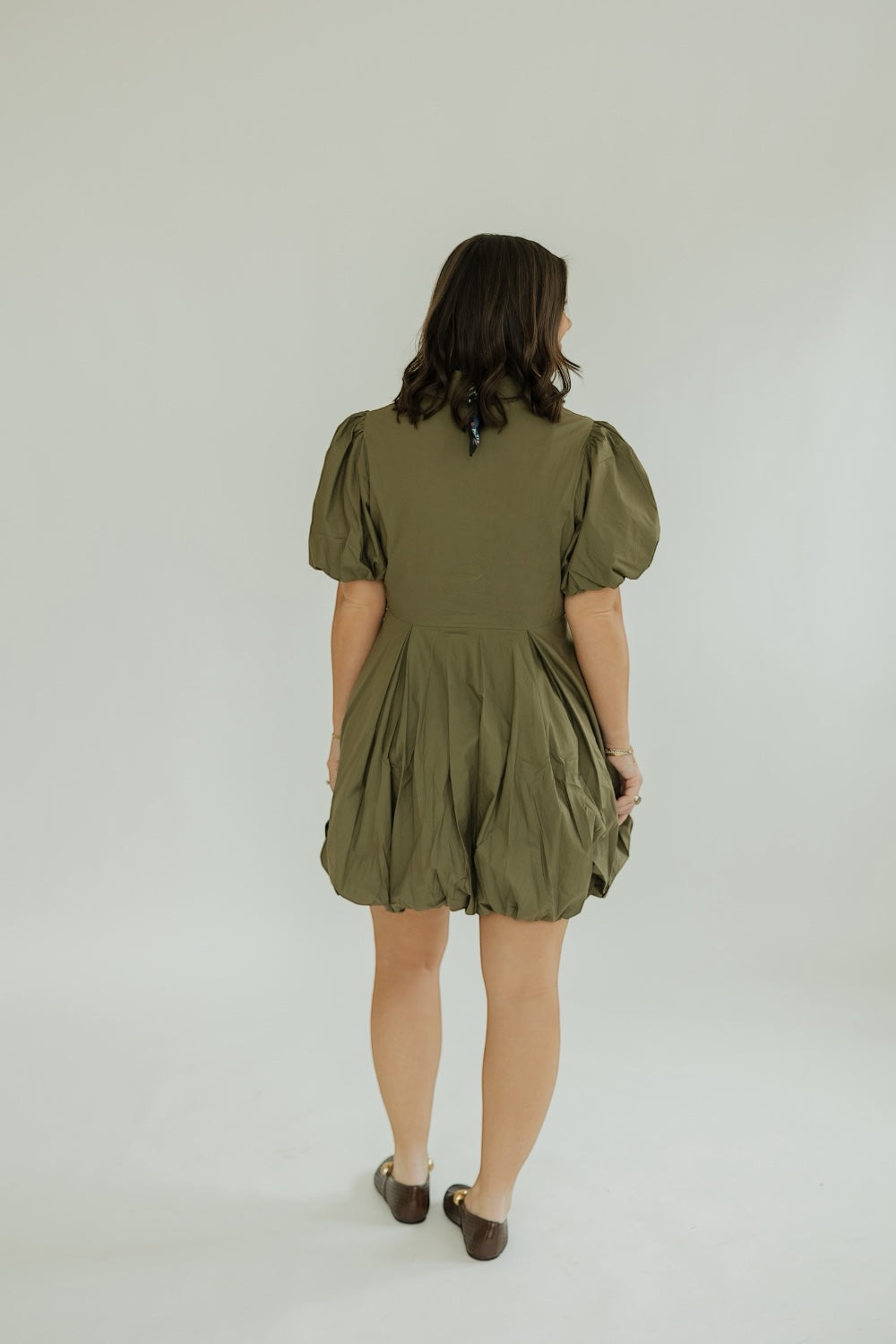 Julia Olive Bubble Hem Mini Shirt Dress