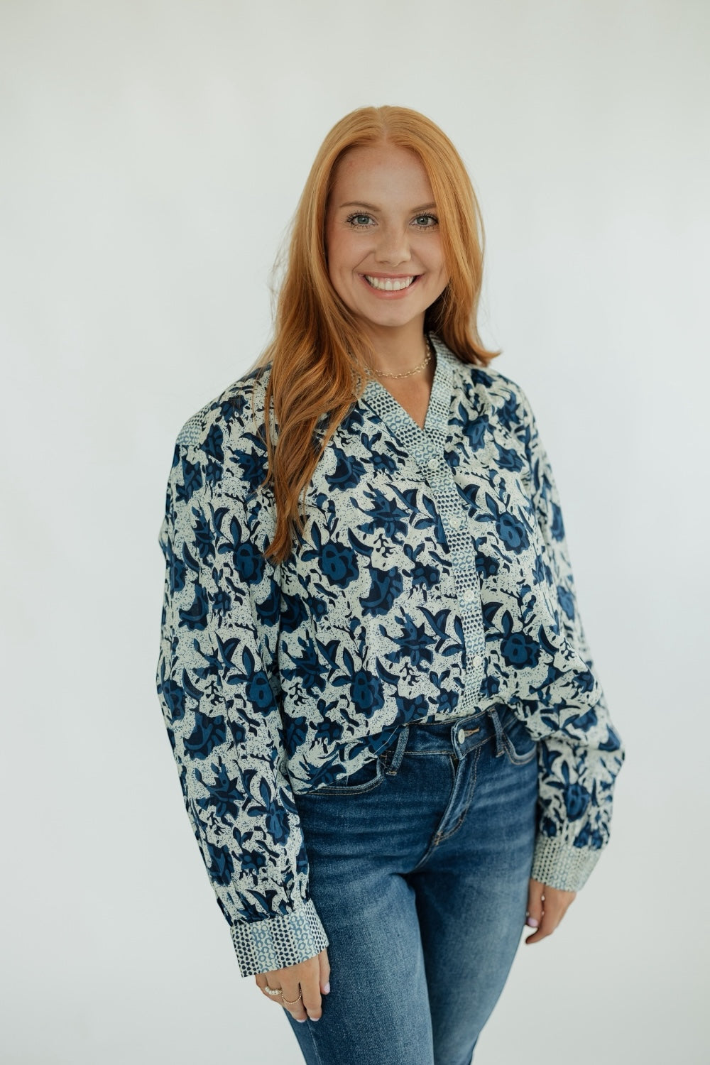 Rory Navy Print Long Sleeve Top