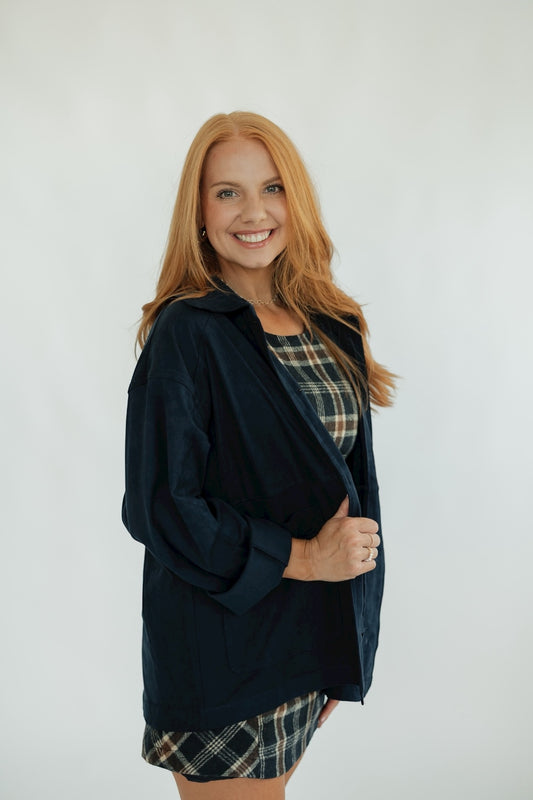 Navy Suede Button Front Jacket