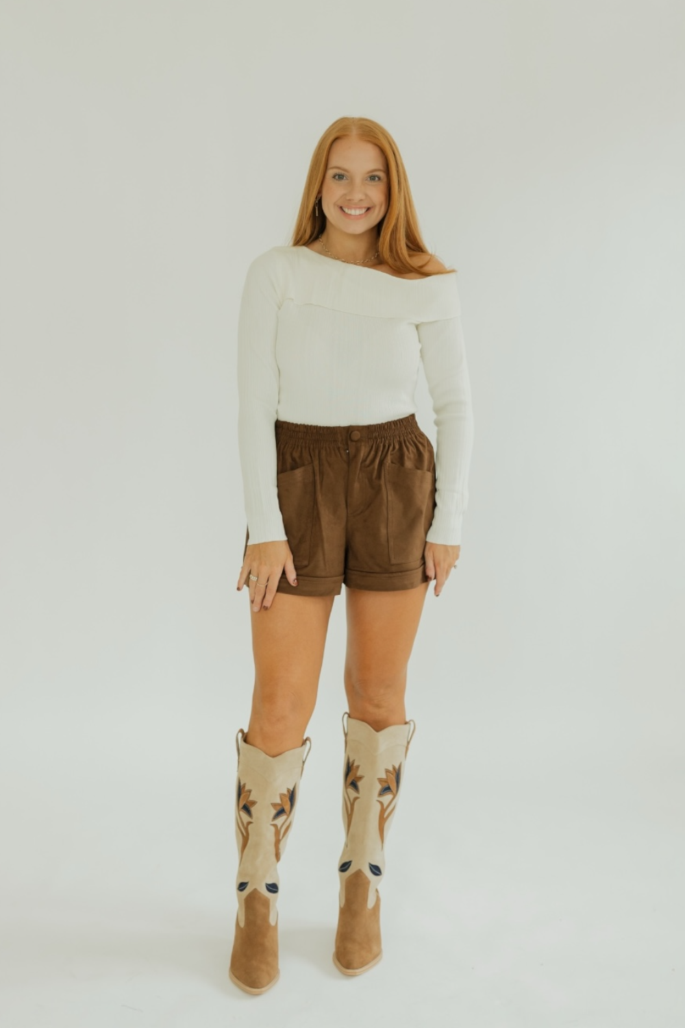 Cream Ribbed Asymmetric Off The Shoulder Long Sleeve Top