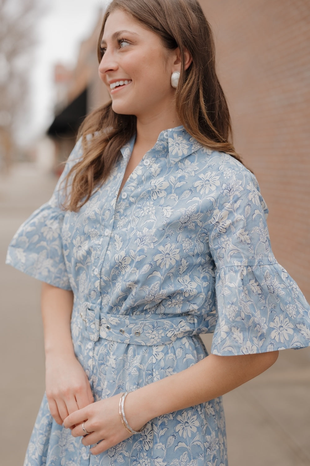 Carolina Blue Floral Belted Shirt Dress