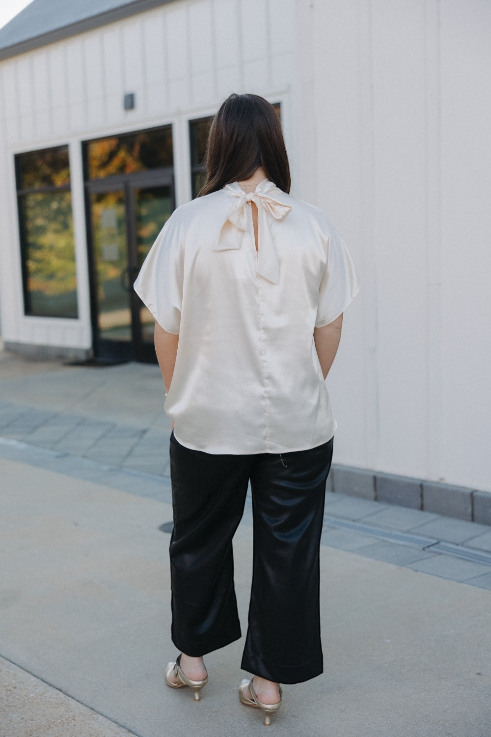 London Ivory High Tie Neck Bubble Hem Top (S-3XL)