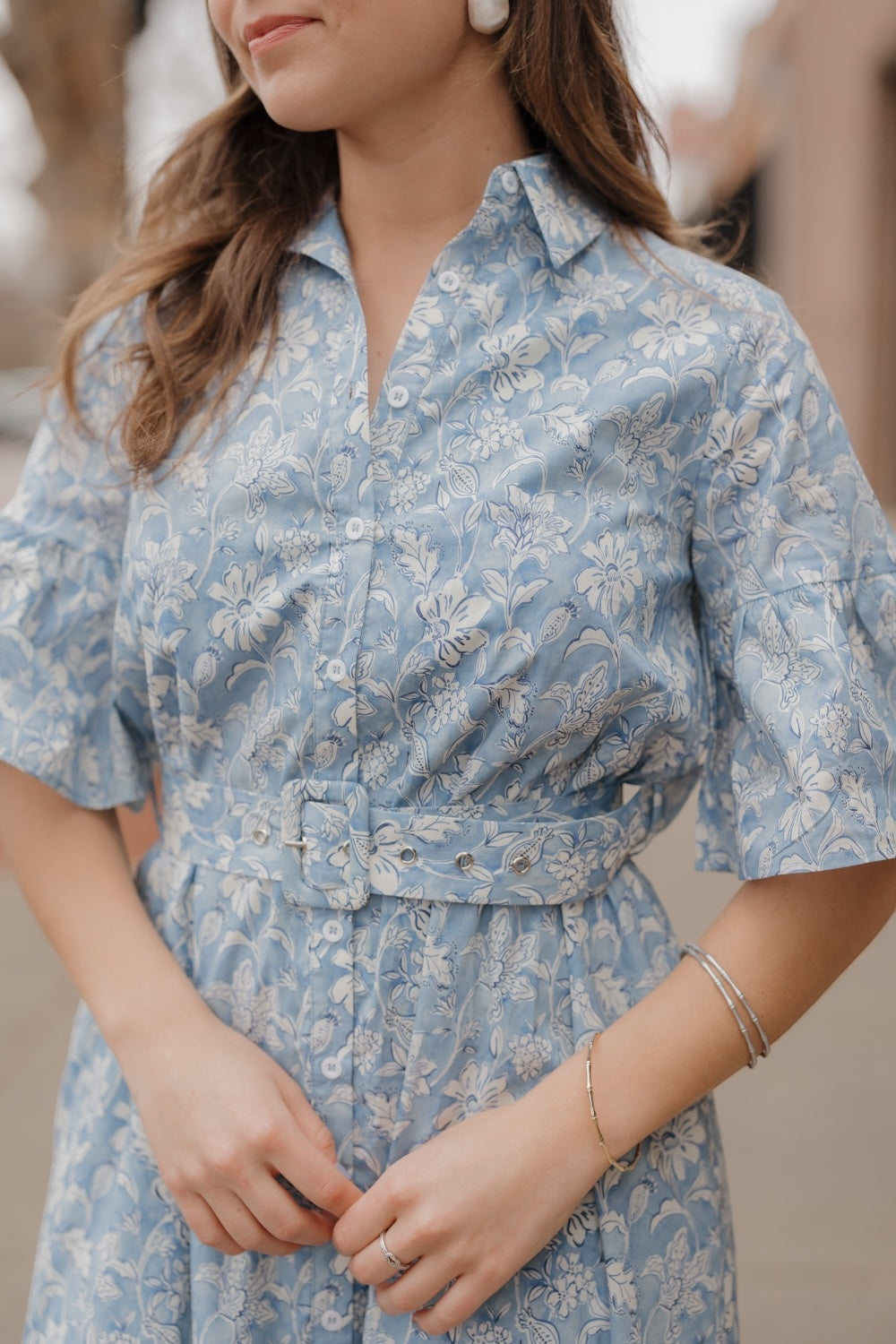 Carolina Blue Floral Belted Shirt Dress