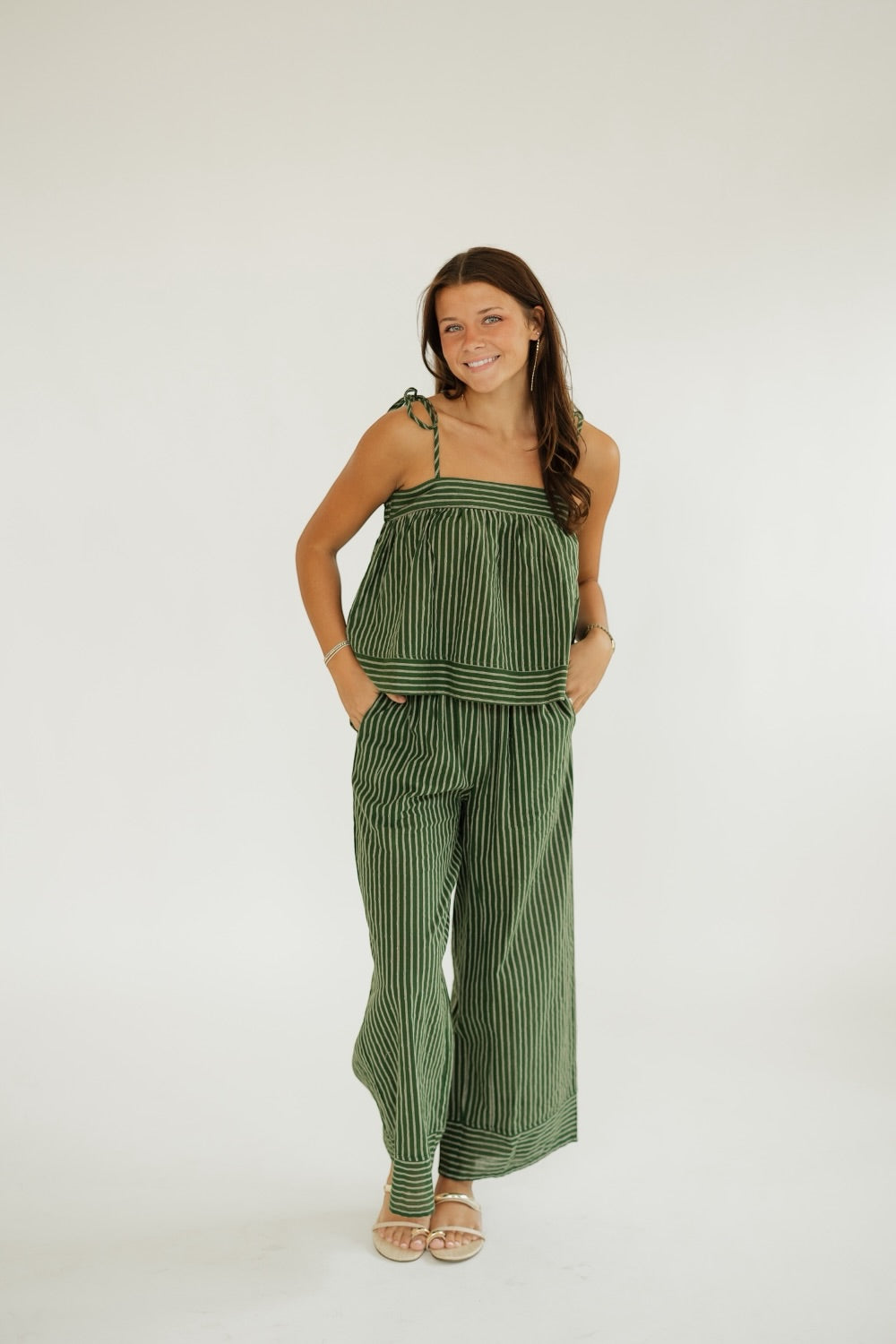 Green Striped Print Wide Leg Pant