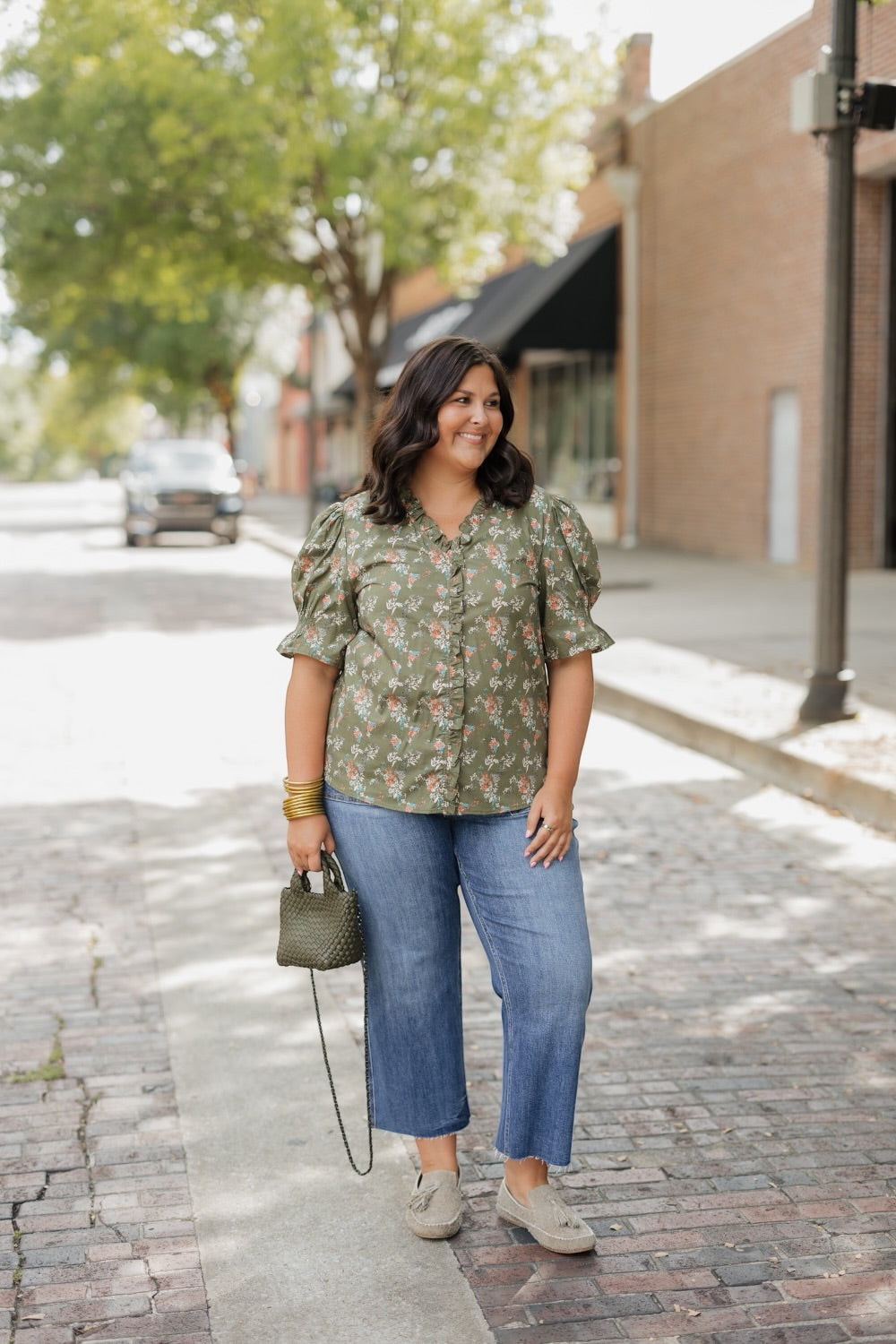 Devon Floral Olive Ruffled Neck Top