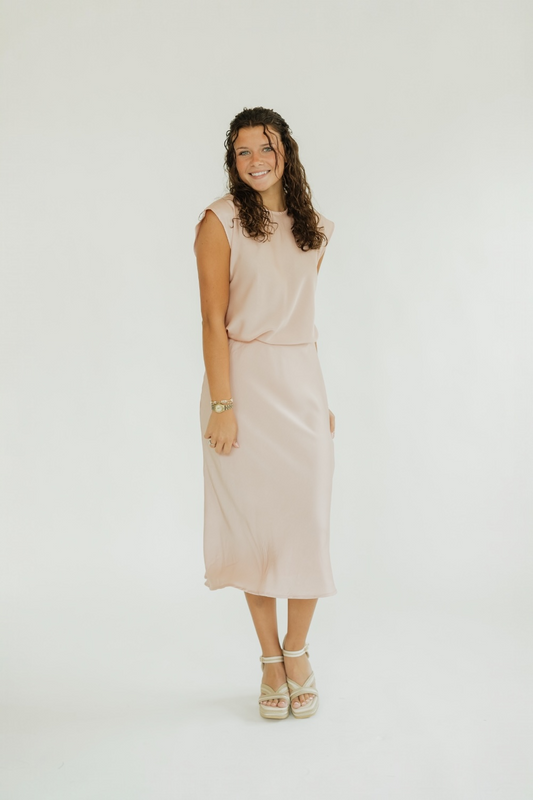 Misty Satin Blush Midi Skirt